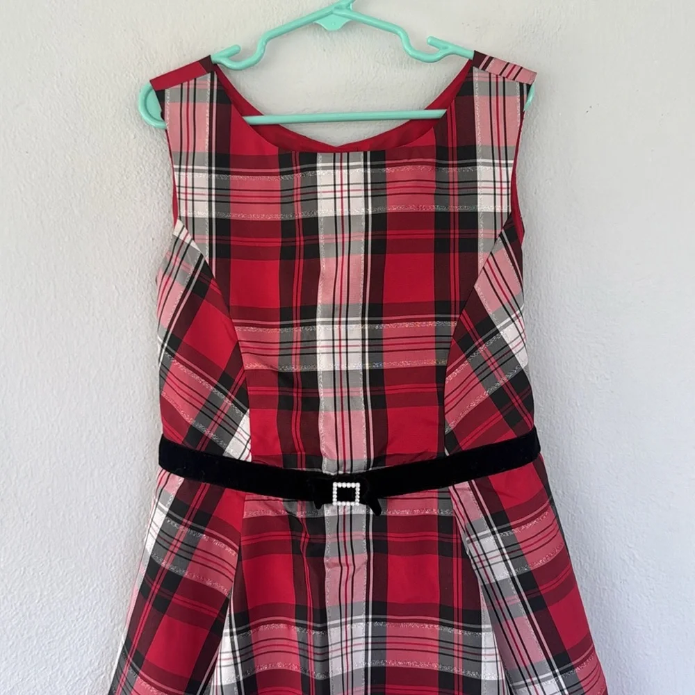 Jona Michelle red black plaid bow belt sleeveless Christmas holiday dress size 8